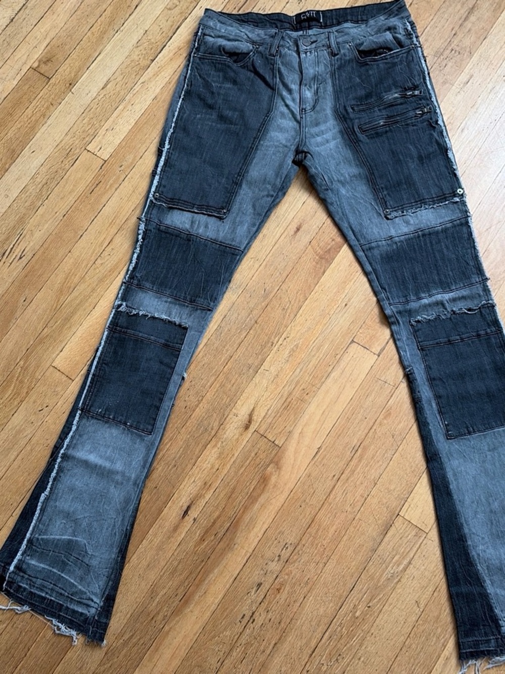 men’s Patchwork Flared Jeans - Washed Black